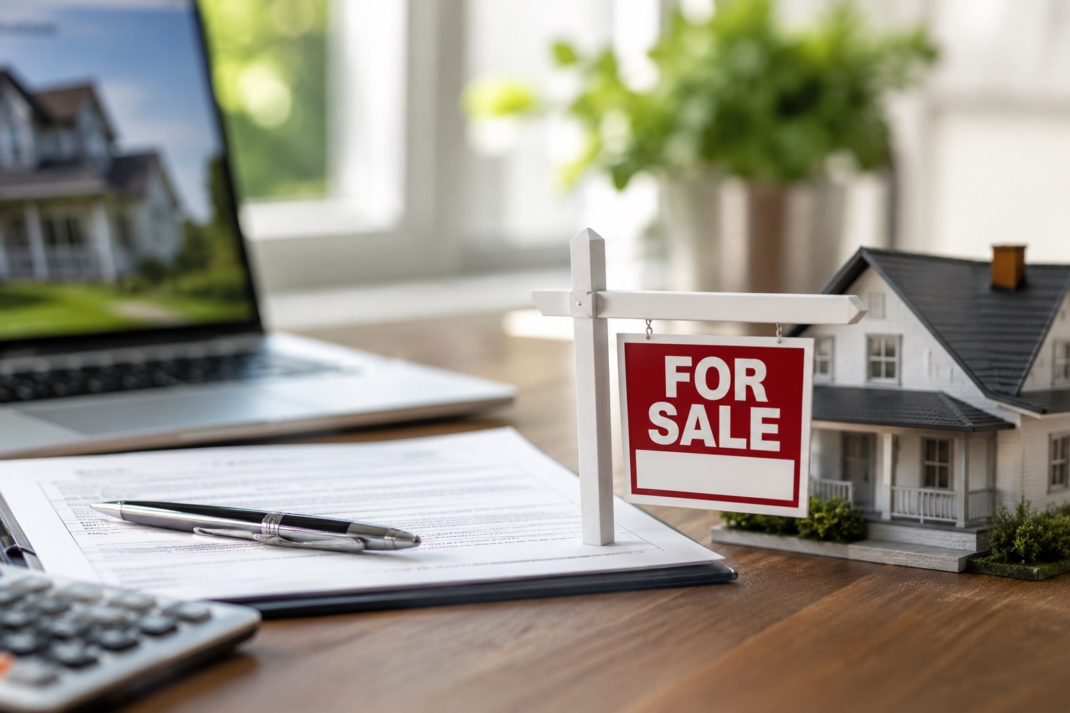 A for-sale sign beside closing paperwork